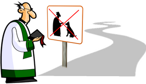 Cartoon priest looking at a road sign:  "animal training" forbidden. 