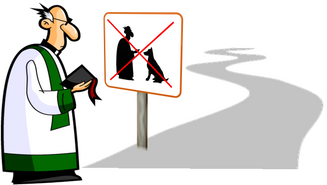 Tecknad präst som ser på en vägskylt: ”dressyr” förbjuden. 