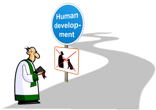 Cartoon priest looking at a road sign: Human development, "animal training" forbidden. 