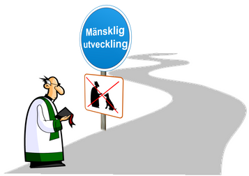 Tecknad präst som ser på en vägskylt: Mänsklig utveckling, ”dressyr” förbjuden. 