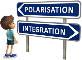 Cartoon boy looking at two road signs:, Polarisation. Integration